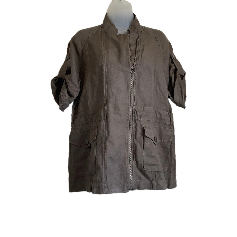 J Jill Taupe Brown Linen Blend Short Sleeve Safari Style Lagenlook Jacket XS‎